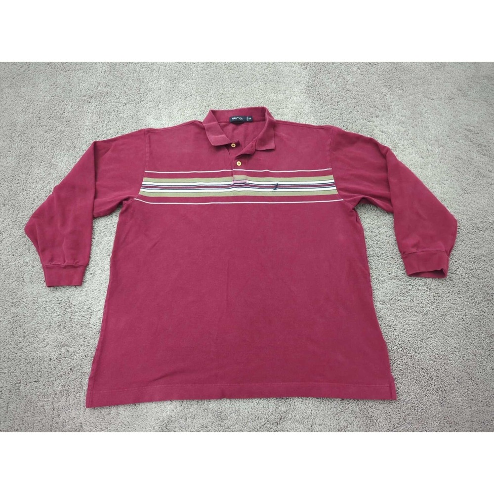 Nautica Polo Shirt Mens XXL Red Striped Long Sleeve 100% Cotton Logo Golf Casual
